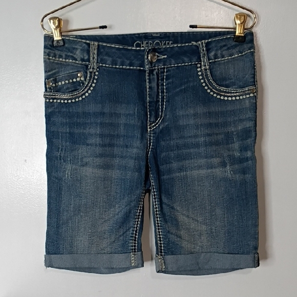 Cherokee Pants - Cherokee Indigo Denim Shorts Women's XL 14-16 White Hem Embroidered